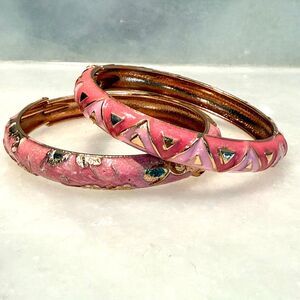 NWT UJOY Enameled Floral & Geometric Cloisonne Cuff Pink Bangle Bracelet Set